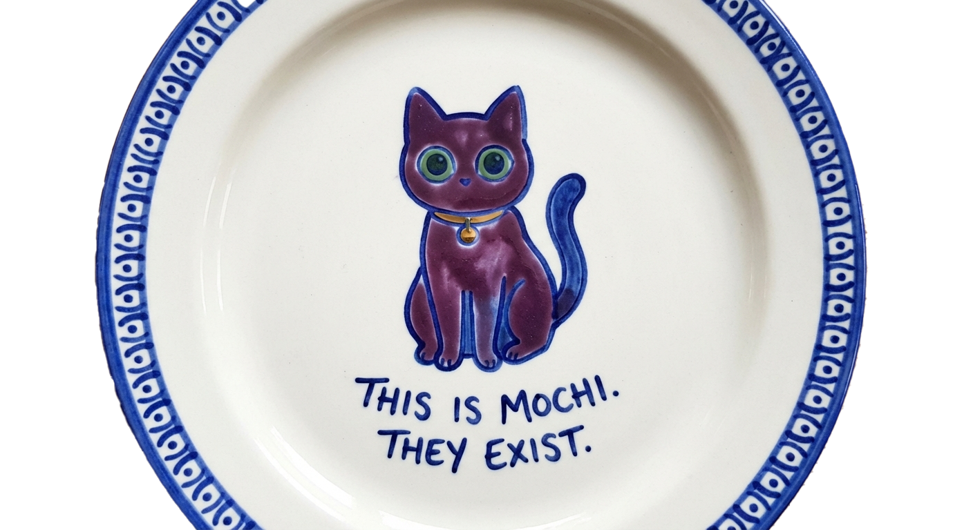 A ceramic plate with a hand-painted purple cat. Text reads: This is Mochi. They exist.