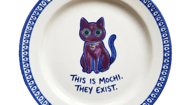 A ceramic plate with a purple cat printed in the center. Text reads: This is Mochi. They exist.