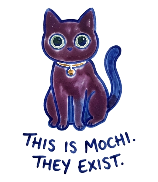 This is Mochi. They exist. A purple cat with green eyes and a gold collar.