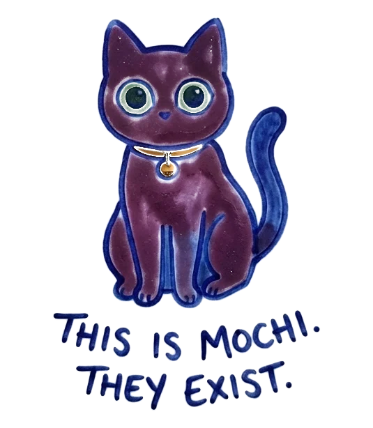 This is Mochi. They exist. A purple cat with green eyes and a gold collar.